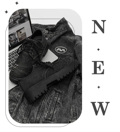 Men's Distressed Denim Derby Shoes Chunky Grunge Platform Boots Avant-Garde Bulky Toe Niche Streetwear Footwear for Trendy Youth