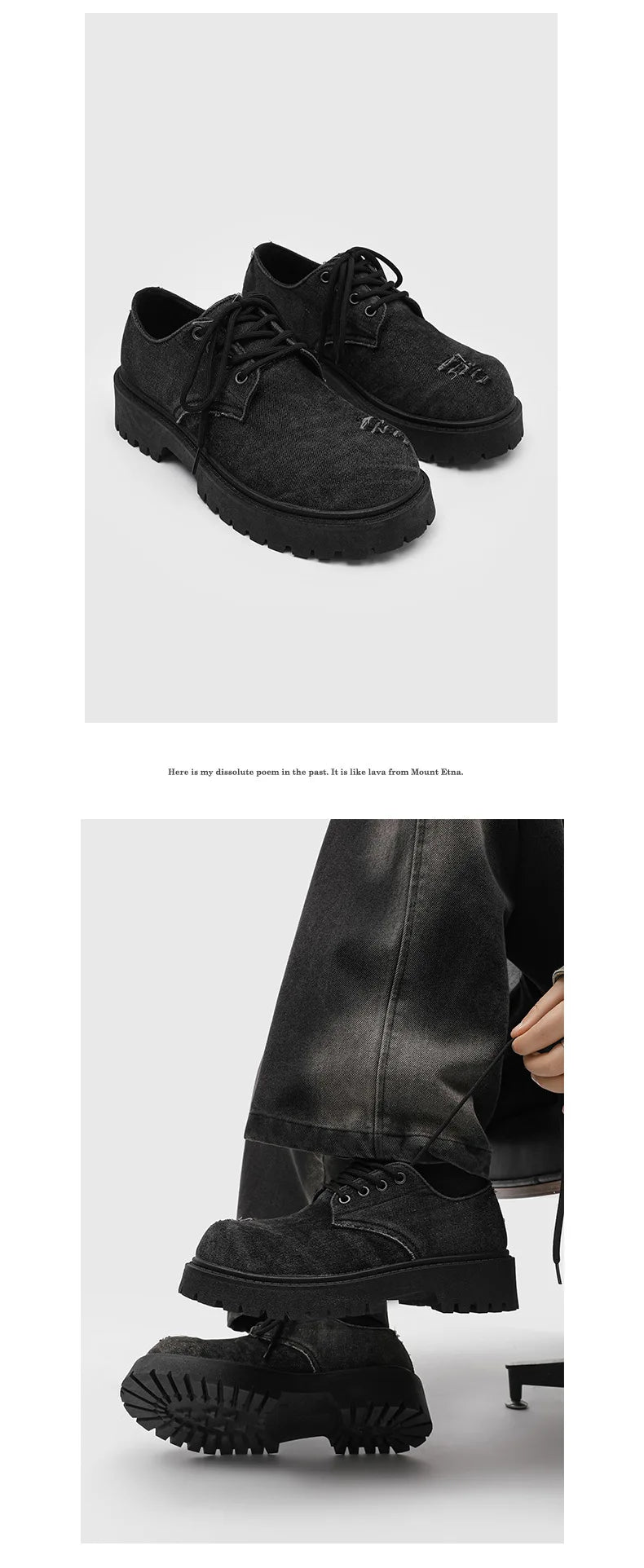 Men's Distressed Denim Derby Shoes Chunky Grunge Platform Boots Avant-Garde Bulky Toe Niche Streetwear Footwear for Trendy Youth