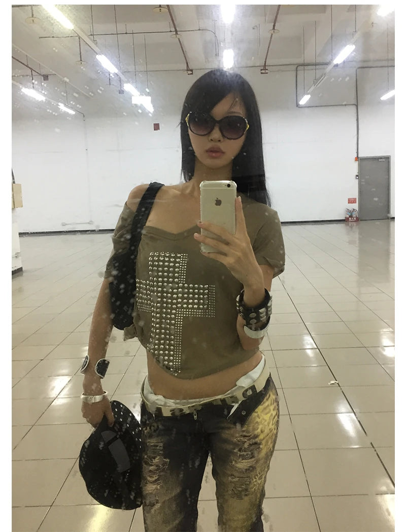 Karrram Japanese Y2k Metal Cross Print T-shirt Trashy 2000s V-neck Sheer Tops Vintage Harajuku Short Sleeve Streetwear Grunge