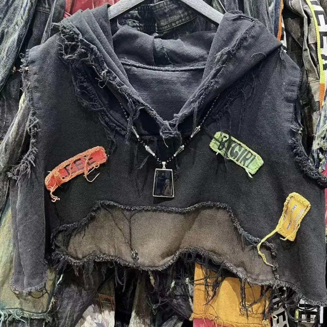 American retro old wash jeans vest women's fashion high-end stitching hole design short sleeveless hooded patch coat jacket.