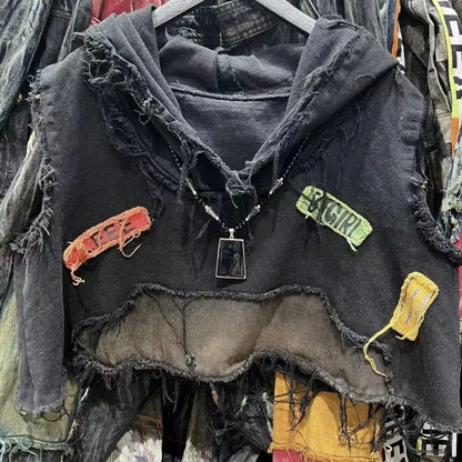 American retro old wash jeans vest women's fashion high-end stitching hole design short sleeveless hooded patch coat jacket.