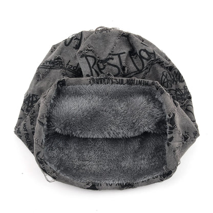 Letter Print Beanie Hats For Women Men Vintage Distressed Cracked Design Wasteland Style Spring Summer Warm Fleece-lined Winter