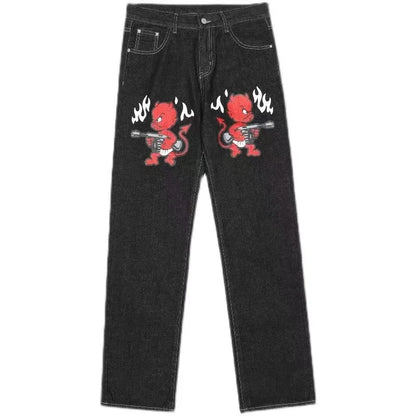 Y2k Vintage Baggy Fallen Knight Cherry Blossom Embroidery Jeans Men Women Fashion Straight Wide-leg Denim Pants Streetwear Jean