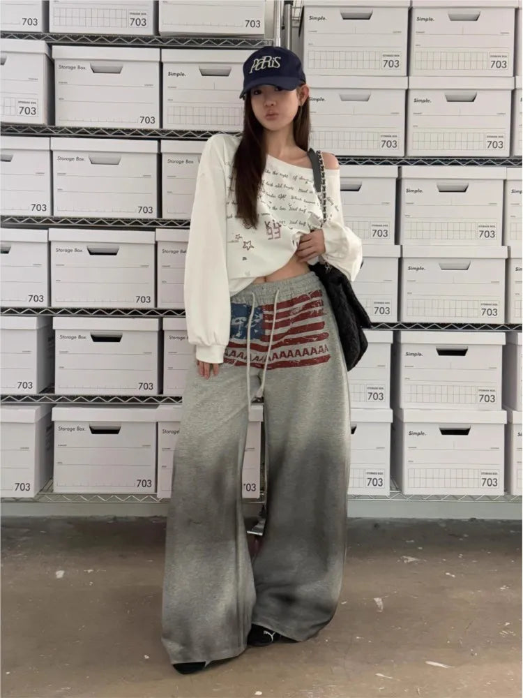 Y2K College American Hip-hop Goth Print Drawstring Wide Leg Sweatpants Loose 90s High Street Sports Trousers Floor Length Pants