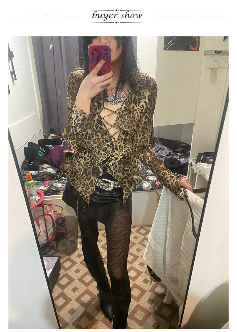 karrram Japanese Y2k Leopard Print Shirt Vintage Harajuku Ruffled Blouses Grunge Aesthetics V-neck Irregular Shirt Trashy 90s