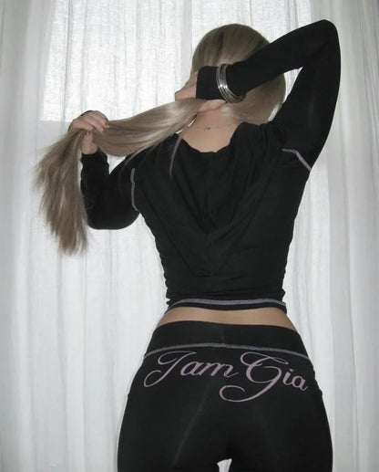 Gia zip-up cap long sleeve high spring top & low waist micro flared pants
