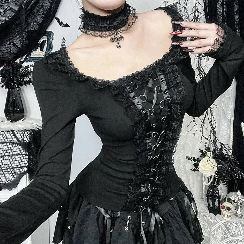 Goth Black Lace Trim Long Sleeve T-Shirts Vintage Sexy Lace-up Square Collar Tops with Choker Cross Women Autumn Tees