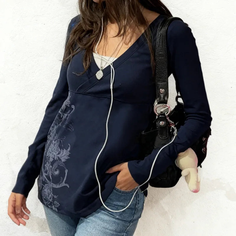 Pink Floral Print Women Fairy Y2K T-shirt Coquette V Neck Long Sleeve Tees Autumn Spring Casual Pullovers Tops Vintage Clothes