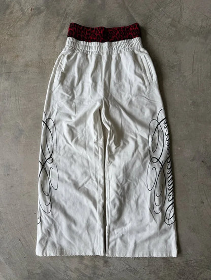 Men's White Wide Leg Casual Trousers Layered Waist Graphic Print Lounge Pants 2026