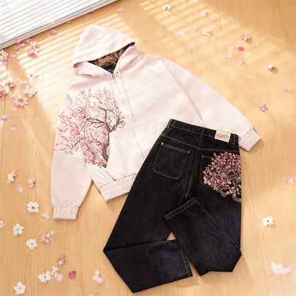 Y2K Two Piece Cherry Blossom Selvedge Embroidery oversized Hoodie Sweatshirt denim fabric American Hip hop Streetwear Pants Set