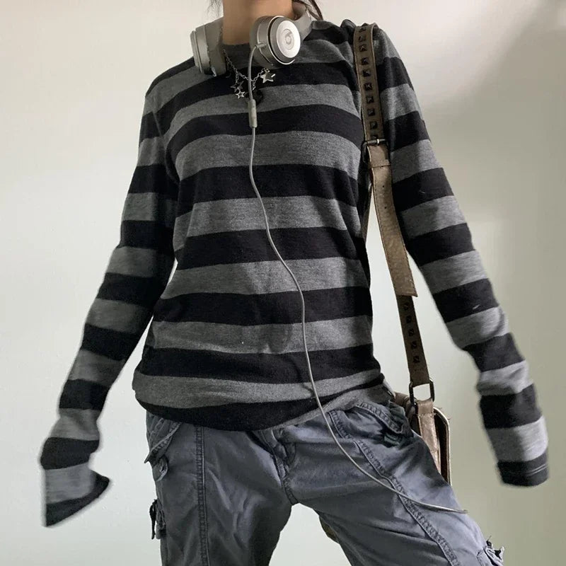 Women Teen Girls Fairy Grunge Y2k Long Sleeve Baggy Shirt Tops Striped Baby Tees Vintage Streetwear T-Shirt Autumn Clothes