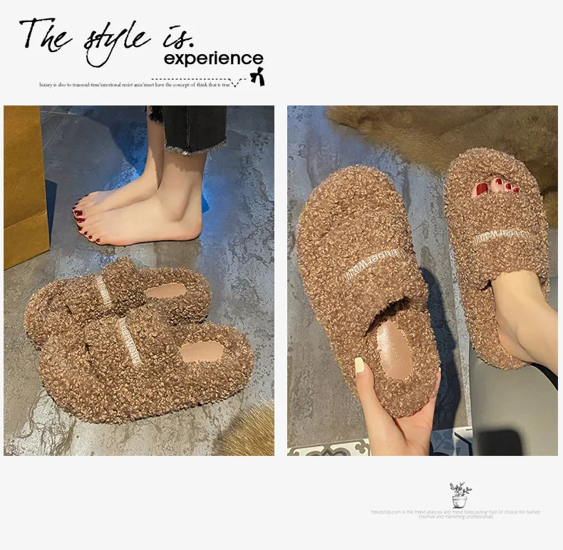 Thick Soled Plush Slippers for Autumn and Winter Versatile and Cute Fashionable and Small Waist Cotton Slippers for Home Use
