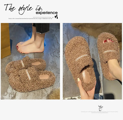Thick Soled Plush Slippers for Autumn and Winter Versatile and Cute Fashionable and Small Waist Cotton Slippers for Home Use