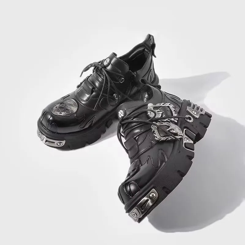 Cowhide Rock Flame Trend Carving Dark Punk Small Leather Skull Design Low-top Gothic Thick-soled Single Shoes
