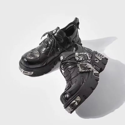Cowhide Rock Flame Trend Carving Dark Punk Small Leather Skull Design Low-top Gothic Thick-soled Single Shoes