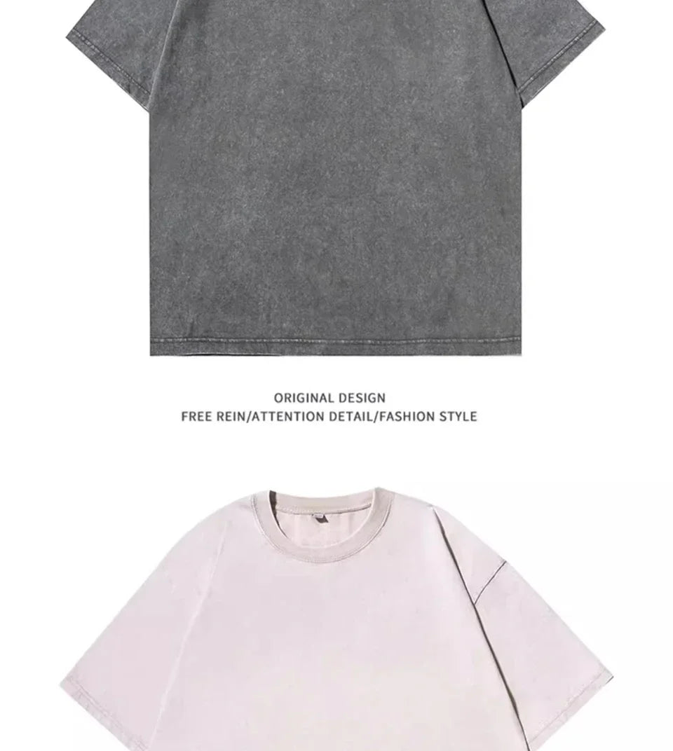 American Style Retro Heavyweight Solid Color Short Sleeved T-shirt Men Women Summer Street Trendy Washed Old Oversized Clothes
