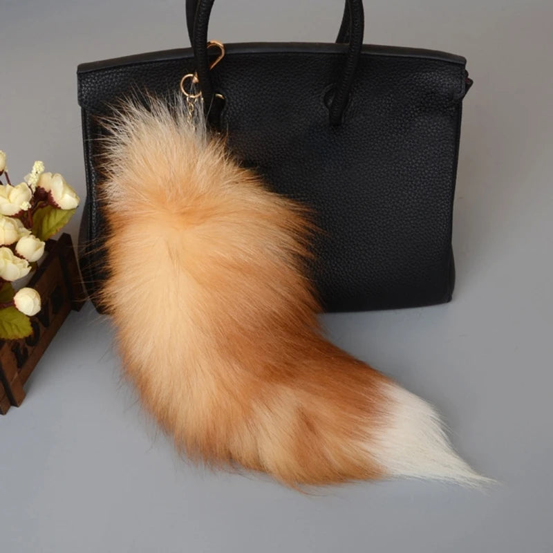 Plush-Fox Tail Keychain Furry Racoon Tail Keyring Keychain 28cm Animal Tail Key-Pendant Pompoms Keyring Holder Bag-Decor
