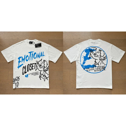 Fashion Brand MIXED EMOTION T-shirts Men Women Couple Streetwear Angel Print Summer Top Tee Round Neck Short Sleeve