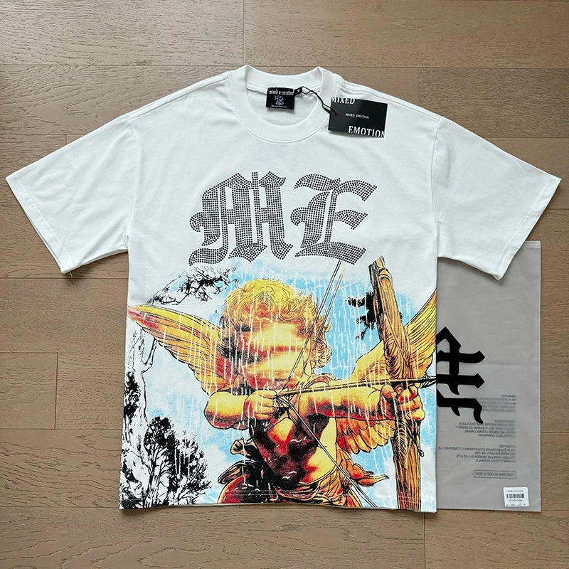 Fashion Brand MIXED EMOTION T-shirts Men Women Couple Streetwear Angel Print Summer Top Tee Round Neck Short Sleeve