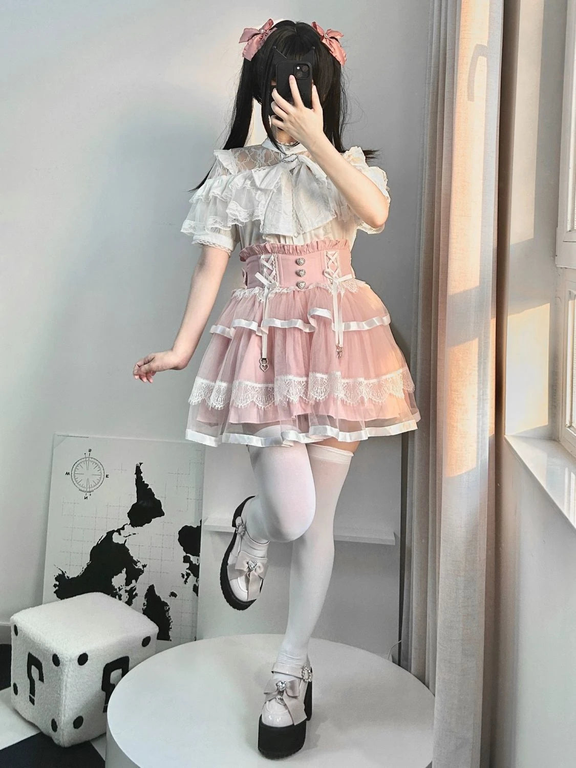 Japanese Kawaii Lolita Lace Patchwork Blouses Summer Women Harajuku Single Breasted Sweet Shirts Cute Girly JK Bow Tops Blusas