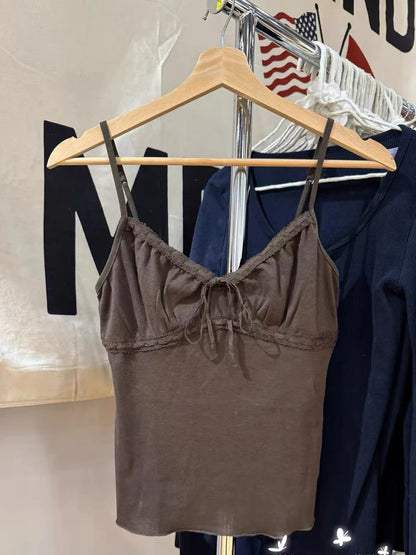 Floral Print Bow V Neck Camis Women Chic Lace Trim Sleeveless Slim Crop Tops Vest Sweet Casual Fashion Raw Hem Tank Top Y2k New