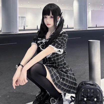 Japanese Style Lolita Sweet Dress Set 2026 New Vintage Plaid Cute Bow Short Sleeved Tops Jk Casual Y2k Shorts Girls Kawaii Set