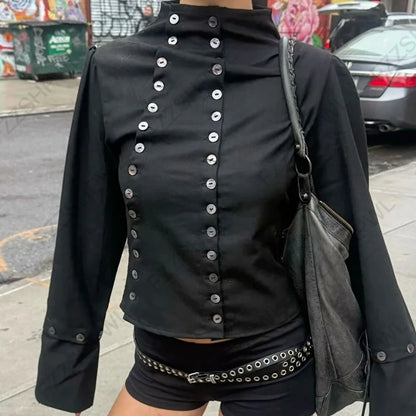 Y2K Vintage Aesthetics Women's Blouse Sexy Slim Fit Chic Button Design High-Neck Short-Sleeve T-Shirt Fashion Female Streetwear