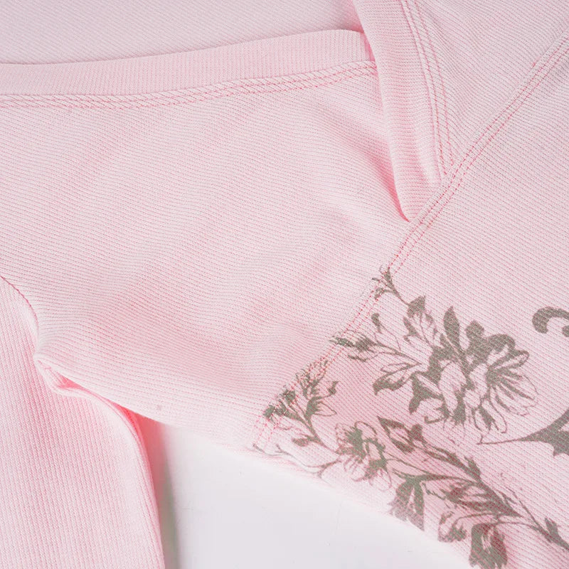 Pink Floral Print Women Fairy Y2K T-shirt Coquette V Neck Long Sleeve Tees Autumn Spring Casual Pullovers Tops Vintage Clothes