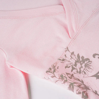 Pink Floral Print Women Fairy Y2K T-shirt Coquette V Neck Long Sleeve Tees Autumn Spring Casual Pullovers Tops Vintage Clothes