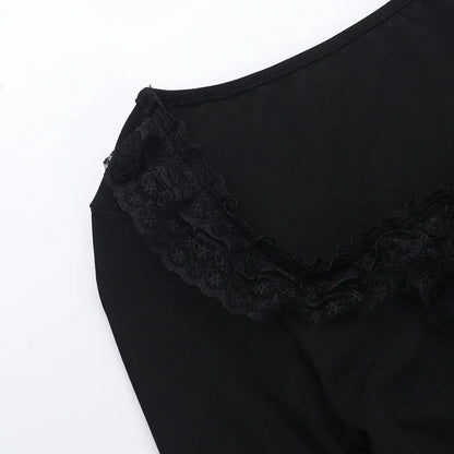 Goth Black Lace Trim Long Sleeve T-Shirts Vintage Sexy Lace-up Square Collar Tops with Choker Cross Women Autumn Tees