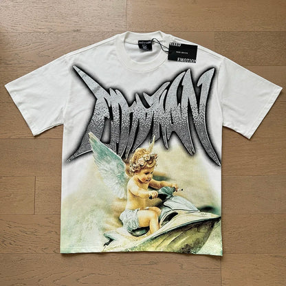 Fashion Brand MIXED EMOTION T-shirts Men Women Couple Streetwear Angel Print Summer Top Tee Round Neck Short Sleeve