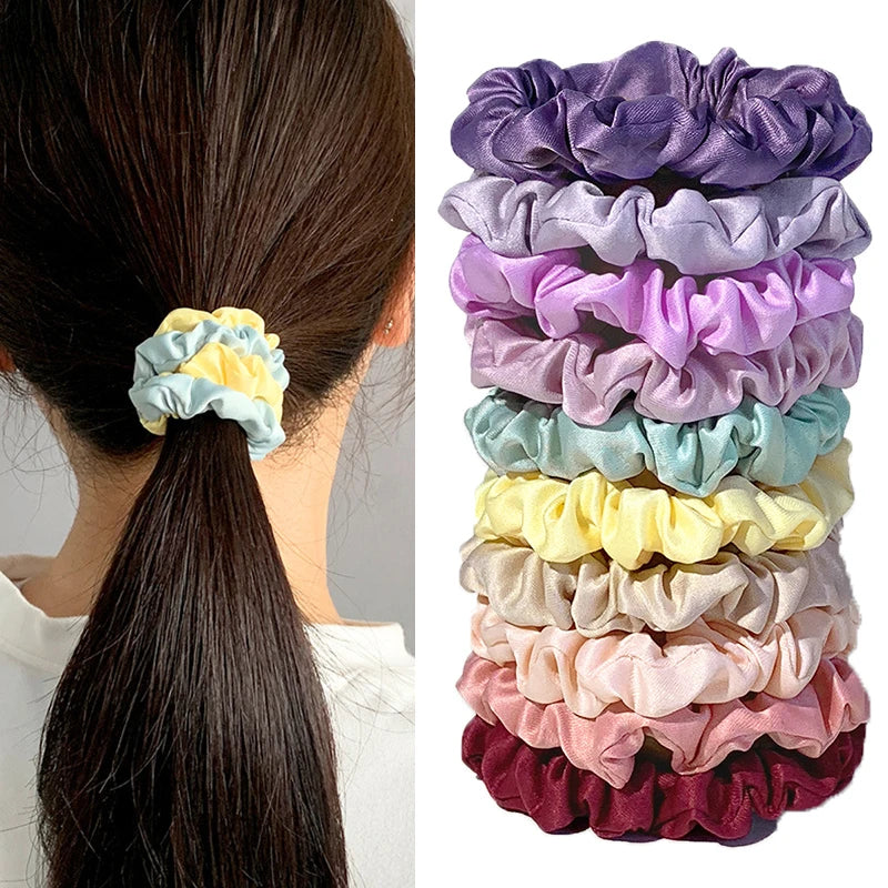 10pcs/Set Colorfu Hair Bands Women Hair Tie Satin Silk Scrunchies Simple Girls Hair Accessories Fabric Loop Hair Rope Headwear