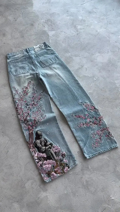 Y2k Vintage Baggy Fallen Knight Cherry Blossom Embroidery Jeans Men Women Fashion Straight Wide-leg Denim Pants Streetwear Jean