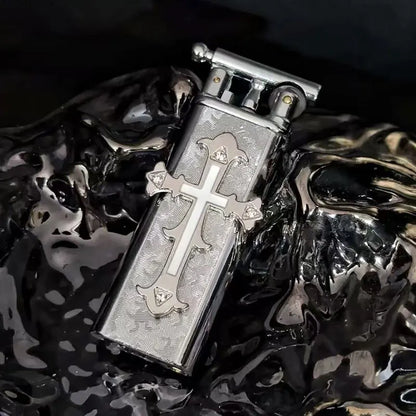 New high-end handmade retro cross outdoor lighter with metal grinding wheel and open flame portable lighter smoking gift