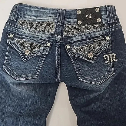 Gothic Womens Diamond Embroidery Jeans Vintage Low Rise Flared Jeans Women Retro Y2k Baggy Denim Pants High Streetwear Trousers