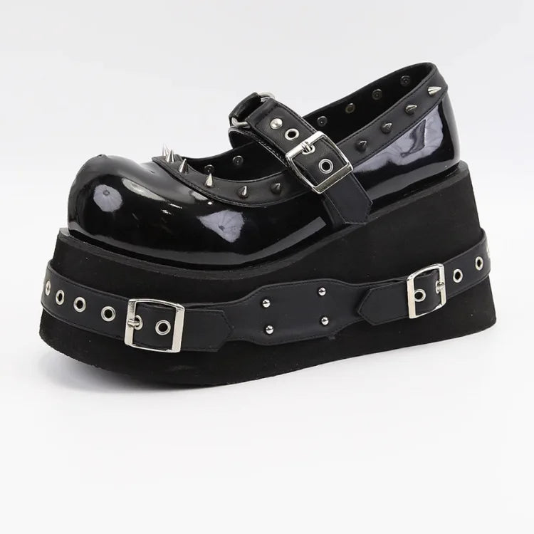 Gothic Rivet Muffin 10 CM Platform Mary Jane Shoes Punk Spice Girl Pu Leather Dark Shoes Women Y2K Subculture Lolita Shoes 35-42