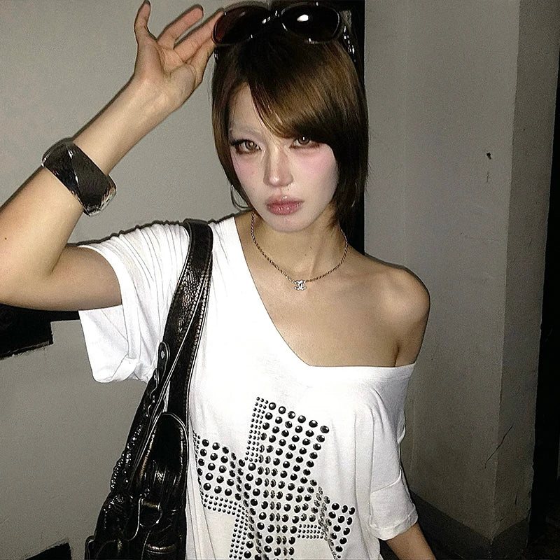 Karrram Japanese Y2k Metal Cross Print T-shirt Trashy 2000s V-neck Sheer Tops Vintage Harajuku Short Sleeve Streetwear Grunge