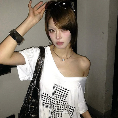 Karrram Japanese Y2k Metal Cross Print T-shirt Trashy 2000s V-neck Sheer Tops Vintage Harajuku Short Sleeve Streetwear Grunge
