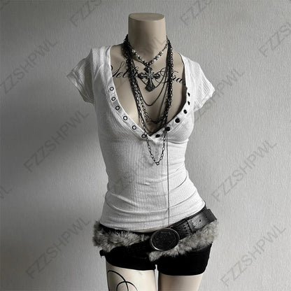 Gothic Y2K Women's Long-Sleeve T-Shirt Sexy Slim Fit Chic Slash Neck Zipper Design Crop Top Rock Punk Hip Hop Women's Streetwear