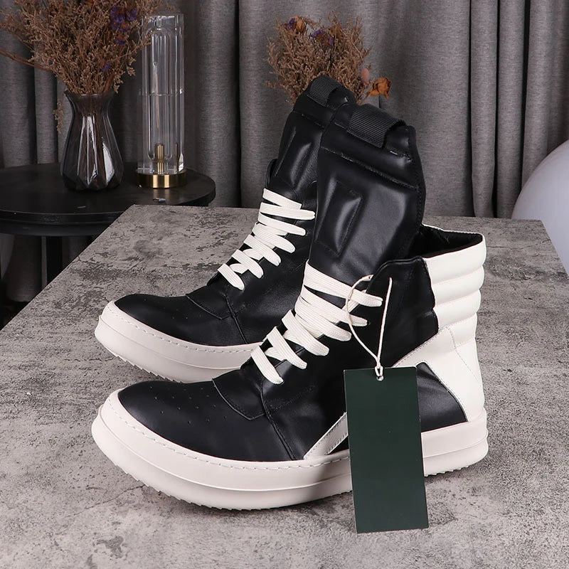 Fashion Men's Casual Shoes Inverted Triangle Design Leather Shoes for Women Black Solid Women's Sneakers Lace-up Men's Shoes