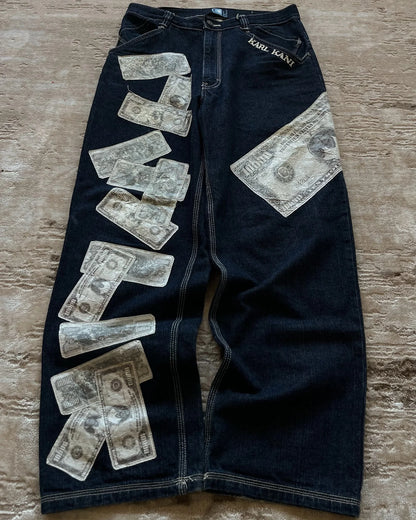 Harajuku Money Print Streetwear Jeans High Waist Wide Trouser Black Pants Streetwear Men Hip Hop Women Embroider Y2k Baggy Jeans