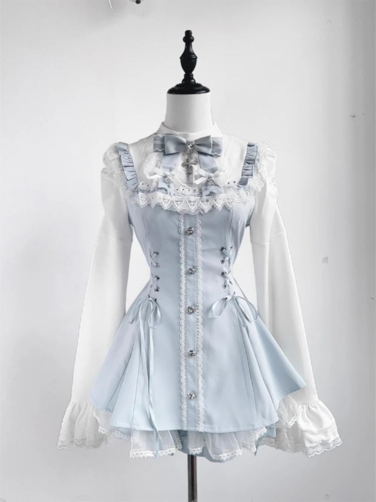 Japanese Style Lolita Sweet Dress Set 2026 New Vintage Plaid Cute Bow Short Sleeved Tops Jk Casual Y2k Shorts Girls Kawaii Set