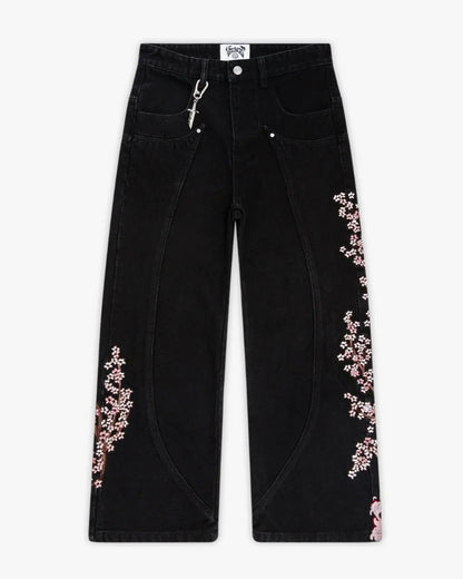 Y2k Vintage Baggy Fallen Knight Cherry Blossom Embroidery Jeans Men Women Fashion Straight Wide-leg Denim Pants Streetwear Jean
