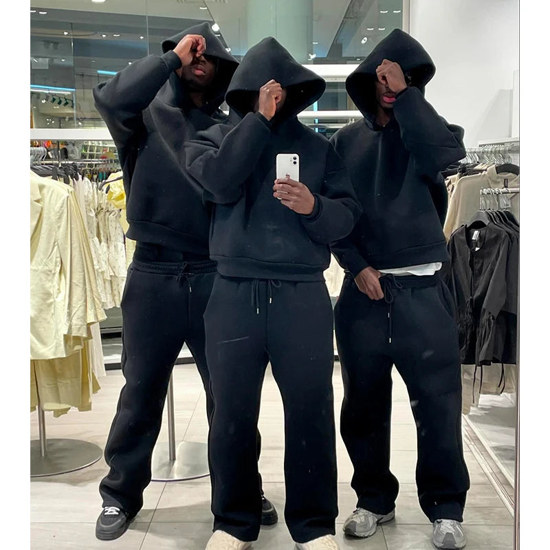 Male Autumn New 2 Piece Set Casual Solid Couple's Hooded Sweatshirt Loose Sweatpants Jogging Sweatshirt Trousers Outfits Suits ﻿