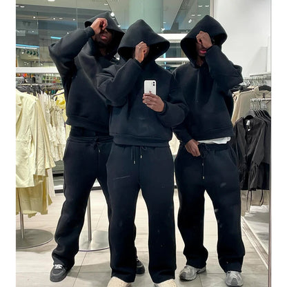 Male Autumn New 2 Piece Set Casual Solid Couple's Hooded Sweatshirt Loose Sweatpants Jogging Sweatshirt Trousers Outfits Suits ﻿