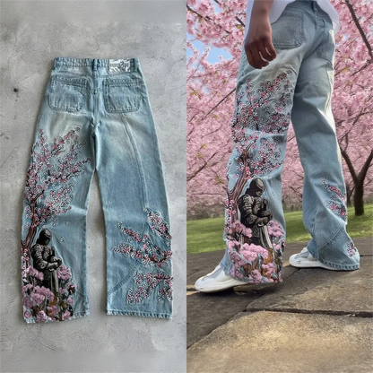 Y2k Vintage Baggy Fallen Knight Cherry Blossom Embroidery Jeans Men Women Fashion Straight Wide-leg Denim Pants Streetwear Jean