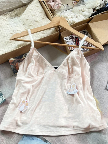 Floral Print Bow V Neck Camis Women Chic Lace Trim Sleeveless Slim Crop Tops Vest Sweet Casual Fashion Raw Hem Tank Top Y2k New