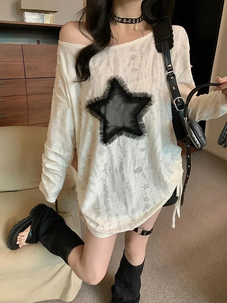 Hole Star Loose Y2K T Shirt Women O Neck Drawstring Long Sleeve Tees Fashion Streetwear Kpop Pullover Tops Female T-shirts