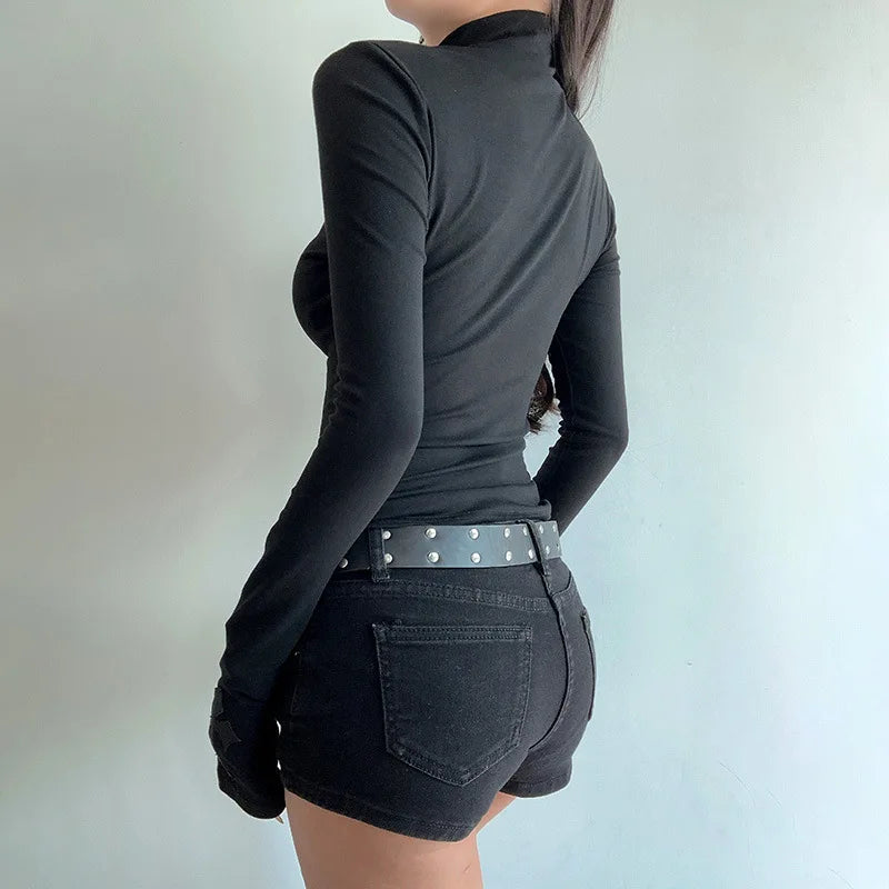 Turtleneck Top Y2k Clothes Black Gothic Cross Hollow out Slimming Bottoming shirt for Women Long Sleeve Sexy T-shirt Girls Tops