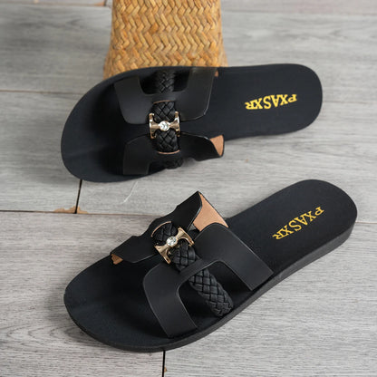 Braided Strap Women's Flat Sandals, Gold Embellished Buckle with Rhinestones, Simple and Comfortable Design, Easy to Wear for Daily Outings and Shopping